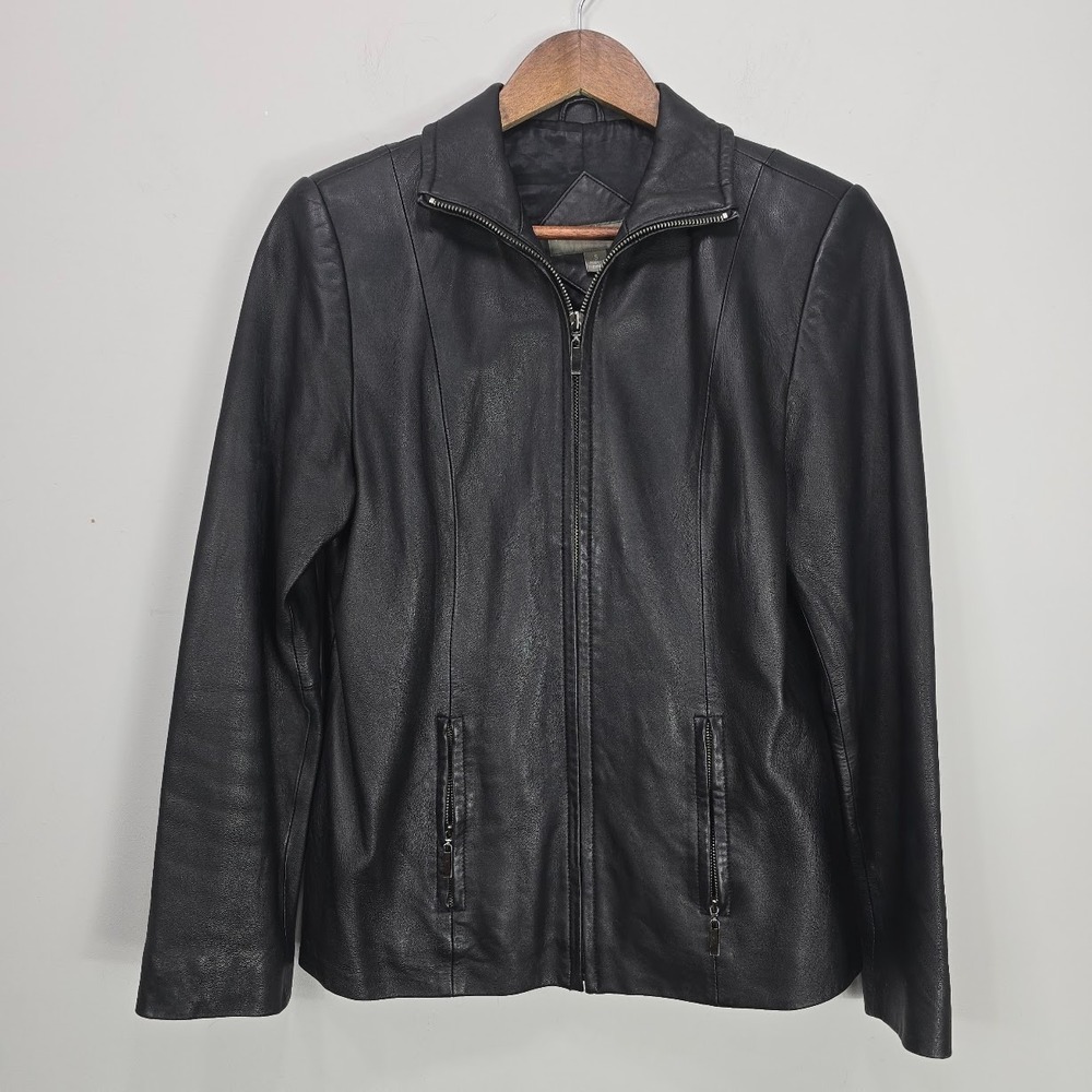 Valerie Stevens Leather Jacket S Black Full Zip Mock Neck Moto Biker Minimalist